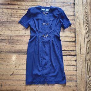 Ms Chaus Vintage Chain Button Front Pleated Blue Midi Polyester Dress Size 8